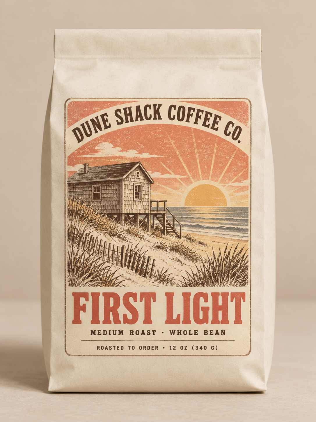 Dune Shack Coffee Co. First Light medium roast bag with retro Cape Cod sunrise label
