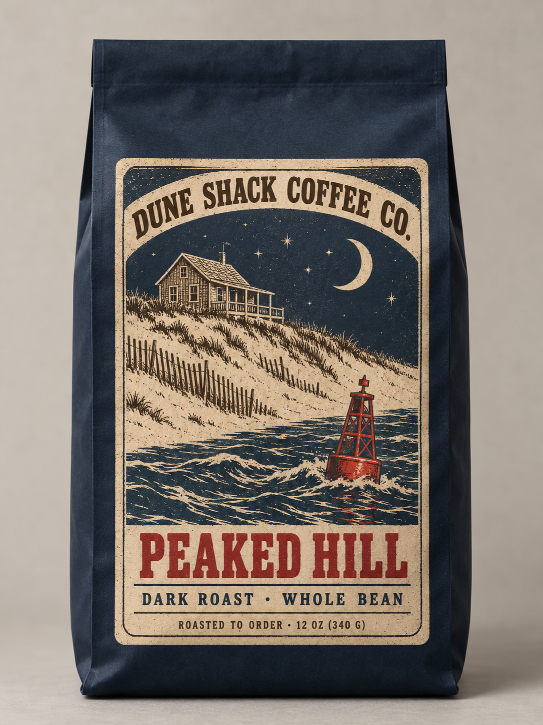 Peaked Hill dark roast coffee bag with retro moonlit dune and buoy label
